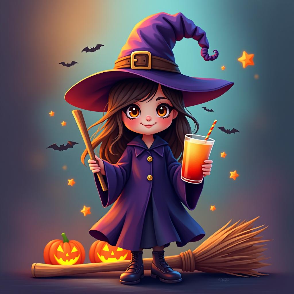  create a digital painting featuring a cute witch character. the witch should be wearing a hat. in one hand, the witch should hold a broomstick, and in the other hand, a halloween themed drink. the background should be colorful and include small black bats, pumpkins and stars to add a playful halloween touch. the overall style should be cute, whimsical, and colorful hyperrealistic, full body, detailed clothing, highly detailed, cinematic lighting, stunningly beautiful, intricate, sharp focus, f/1. 8, 85mm, (centered image composition), (professionally color graded), ((bright soft diffused light)), volumetric fog, trending on instagram, trending on tumblr, HDR 4K, 8K