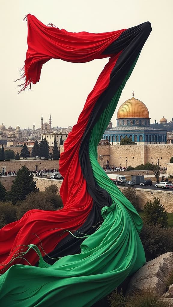  an artistic representation featuring the phrase "7 october al aqsa flood" prominently displayed. the scene is infused with bold colors from the palestinian flag—red, green, black, and white—flowing elegantly throughout the composition. in the background, an abstract landscape symbolizes the spirit of resilience and unity among the palestinian people, with subtle imagery of traditional cultural motifs. the overall aesthetic conveys a sense of hope and celebration, creating a powerful visual impact.