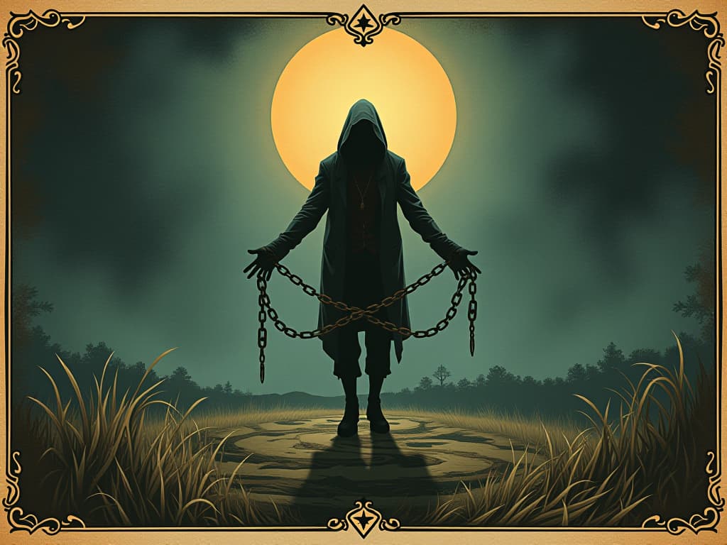  invisible shackles, restricting light, central figure bound, sense of control, dark intentions. an illustration in the style of a worn, mystical old tarot trump card, mysterious and elements of surrealism. the colors are muted, somber and eerie, but with contrast bring out an occult and esoteric vibe.