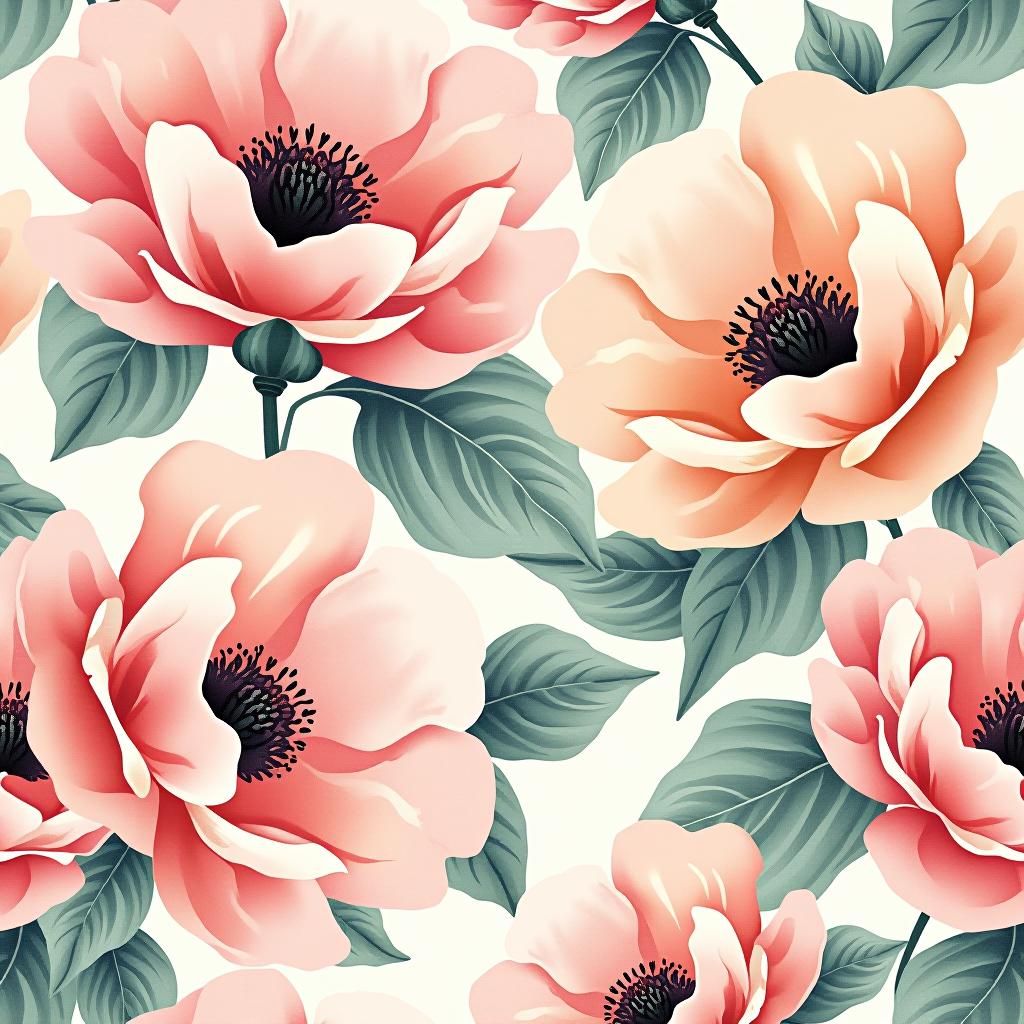  create a seamless digital design featuring a pattern of large, beautiful flowers with soft, watercolor like effects. the flowers should cover the entire surface, creating a bold, elegant, and continuous look. the overall style should be light and airy, with delicate leaves and petals to enhance the natural, floral theme. the design should be seamless to ensure it can be used in repeating patterns or wraps.