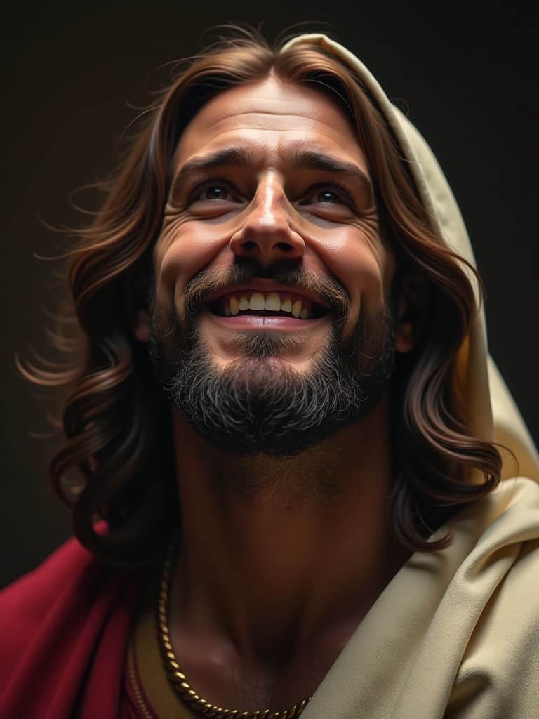  jesus face close up, happy, blessings hyperrealistic, full body, detailed clothing, highly detailed, cinematic lighting, stunningly beautiful, intricate, sharp focus, f/1. 8, 85mm, (centered image composition), (professionally color graded), ((bright soft diffused light)), volumetric fog, trending on instagram, trending on tumblr, HDR 4K, 8K