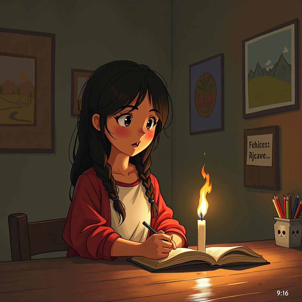  image 9:16, a girl depicts a situation.