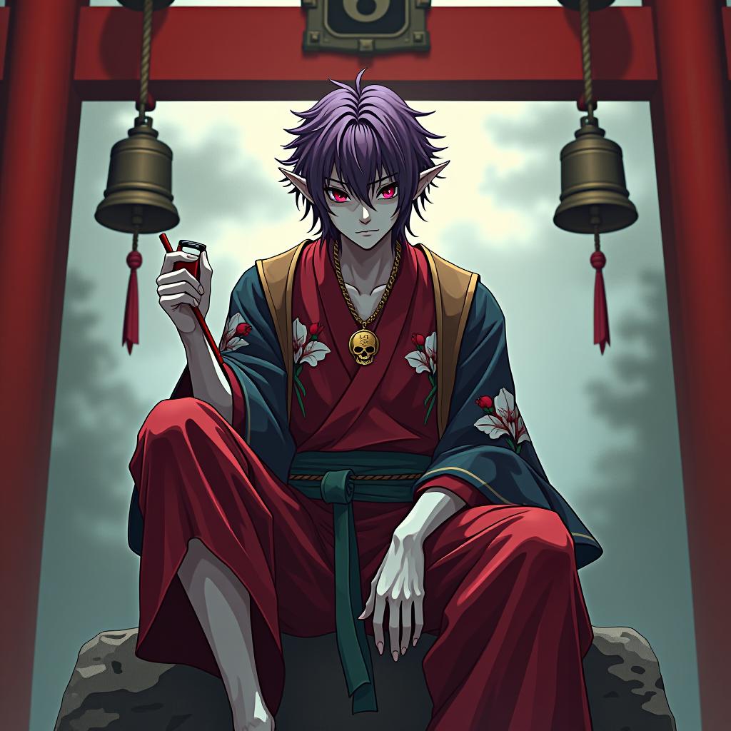  horror themed ringo sits on the high red gate theories on which thin ropes hang bells in front of the shinto temple in ringo's left hand holds the full sake grand pial pirate ringo is depicted in full growth a young mature dark male elf with marble white skin, purple scarlet hair, ringo wears a disheveled hairstyle of medium length, pointed ear tips, lavender red eyes, wears a burgundy shirt with torn sleeves and gold embroidery, in addition, he wears a dark red haori of snake skin with a pattern in the form of bloody lilies with a skull in the middle, trouses with silver embroidery in the form of a middle tongues, also made of a red skin with a ribboned skin. ringo wears a gold chain with a medium sized gold medallion around his neck. t