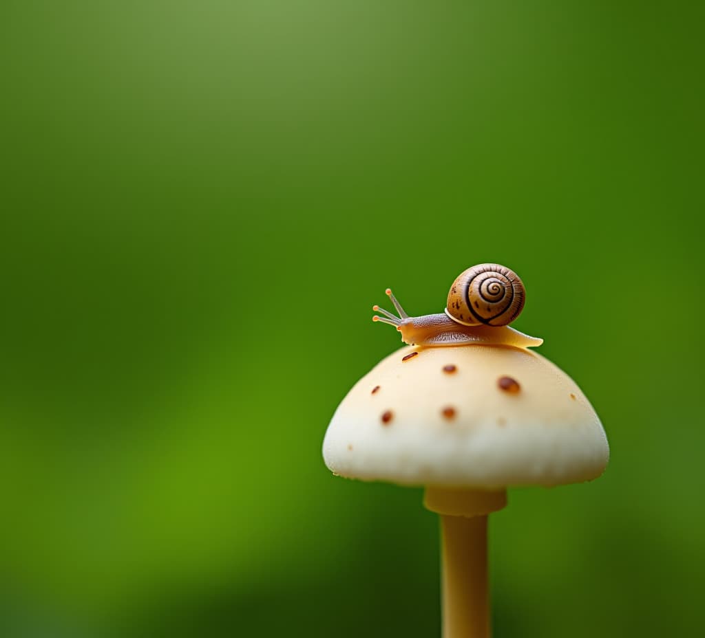  a tiny snail resting on a white mushroom against a green backdrop perfect for copy space image