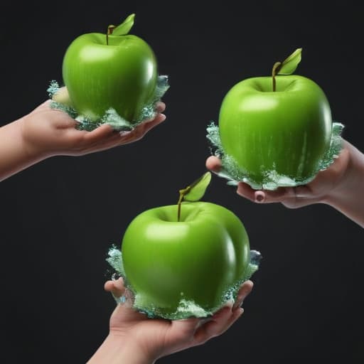 Crystallized floating green apple under animated hands