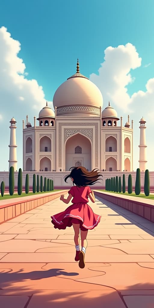  anime, anime sytle, anime image, cartoon, real cartoon, real anime, girl running on taj mahal