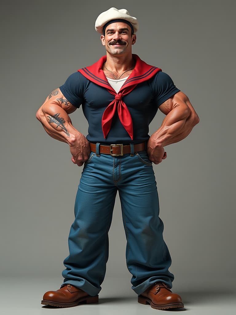  full body photorealistic shots of popeye the sailor man. in hyper realistic, photorealistic style