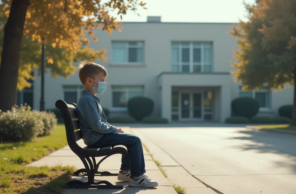  professional detailed photography, boy in mask, sitting on bench in front of hospital, sunny day ar 3:2, (muted colors, dim colors, soothing tones), (vsco:0.3)