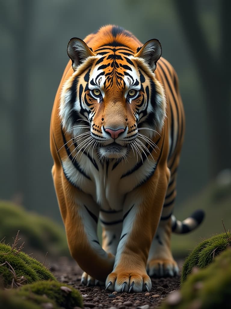  combine cow into tigers body hyperrealistic, full body, detailed clothing, highly detailed, cinematic lighting, stunningly beautiful, intricate, sharp focus, f/1. 8, 85mm, (centered image composition), (professionally color graded), ((bright soft diffused light)), volumetric fog, trending on instagram, trending on tumblr, HDR 4K, 8K