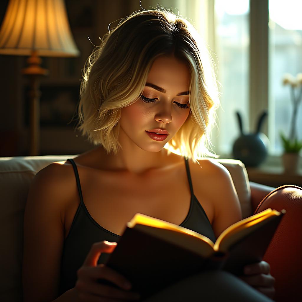  short, blonde, , reading, book, indie fiction style, natural lighting, indoor setting, floor lamp lighting, warm colors, soft focus, film grain, high dynamic range, wistful atmosphere, award winning, professional, highly detailed, masterpiece