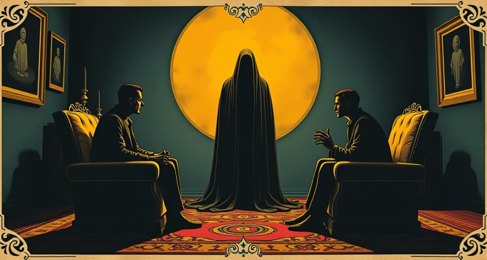  a figure opening their eyes, room illuminated with golden light, serene conversation, tension evaporated. an illustration in the style of a worn, mystical old tarot trump card, mysterious and elements of surrealism. the colors are muted, somber and eerie, but with contrast bring out an occult and esoteric vibe.