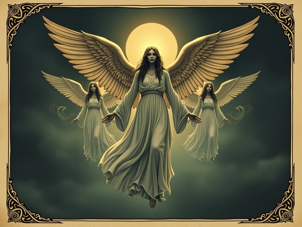  angelic beings, radiant and ethereal, figures with gentle wings, hovering in an otherworldly space, divinely serene and peaceful. an illustration in the style of a worn, mystical old tarot trump card, mysterious and elements of surrealism. the colors are muted, somber and eerie, but with contrast bring out an occult and esoteric vibe.