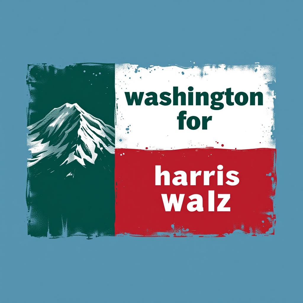  a tshirt design inspired by the washington state flag. the left side features a green vertical stripe with a large mountain in the center. the right side is divided into two horizontal sections: the top section is white with the text 'washington for' in bold, green, uppercase letters, and the bottom section is red with the text 'harris walz 2024' in bold, white, uppercase letters. the overall layout is clean and straightforward, with a clear and patriotic color scheme of blue, white, and red.