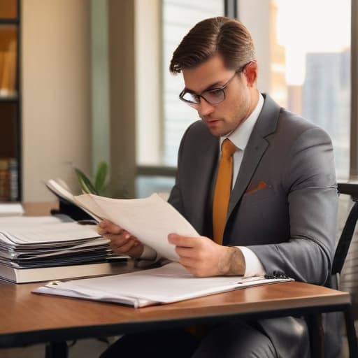 A photo of a confident car accident attorney reviewing case files in a sleek downtown office during late afternoon with warm, golden hour lighting.