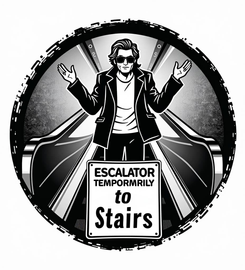  a retro styled, distressed black and white circular vector style logo of mitch hedberg standing on an escalator wearing aviator sunglasses and shrugging his shoulders. there is a warning sign sandwich board in front of the escalator that says ”escalator temporarily stairs"