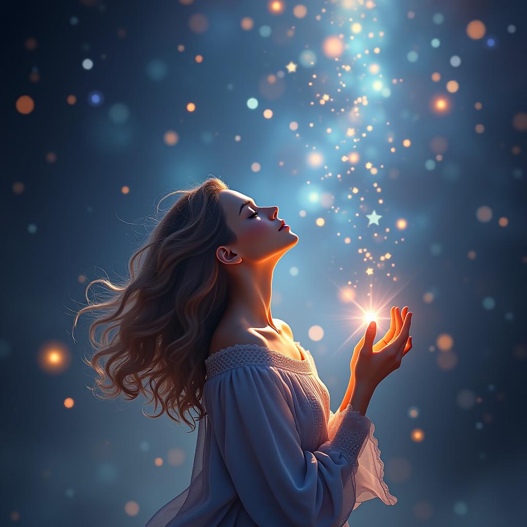  create a high quality, photorealistic image that vividly depicts the following scene: in a star speckled, ethereal galaxy, a luminescent star named stella, her eyes closing in tranquility, is gently showering her surroundings with the shimmering 'comet elixir'. the elixir’s glimmers fade into an illusion of nightfall, enveloping the endless daylit galaxy in soothing darkness, signifying inner solace found within adversity. the image should: focus on the specific actions, emotions, and elements described in the scene show detailed facial expressions and body language of any characters capture the exact mood and atmosphere of the moment include relevant background details that enhance the storytelling  hyperrealistic, full body, detailed clothing, highly detailed, cinematic lighting, stunningly beautiful, intricate, sharp focus, f/1. 8, 85mm, (centered image composition), (professionally color graded), ((bright soft diffused light)), volumetric fog, trending on instagram, trending on tumblr, HDR 4K, 8K