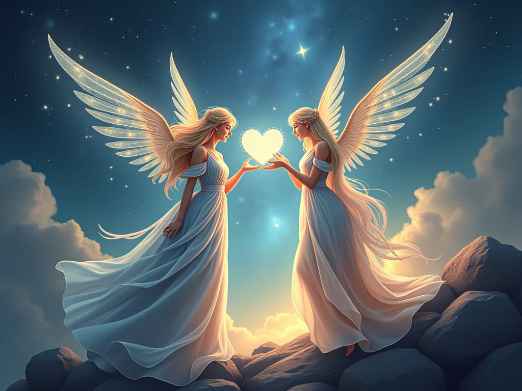  two ethereal beings, light threads connecting hearts and minds, celestial landscape, harmonious interaction, glowing resonance. the style is digital art illustration,highly detailed, whimsical,magical, dreamlike atmosphere, realism and fantasy blend, smooth, glossy textures,luminous quality, wonder and enchantment.