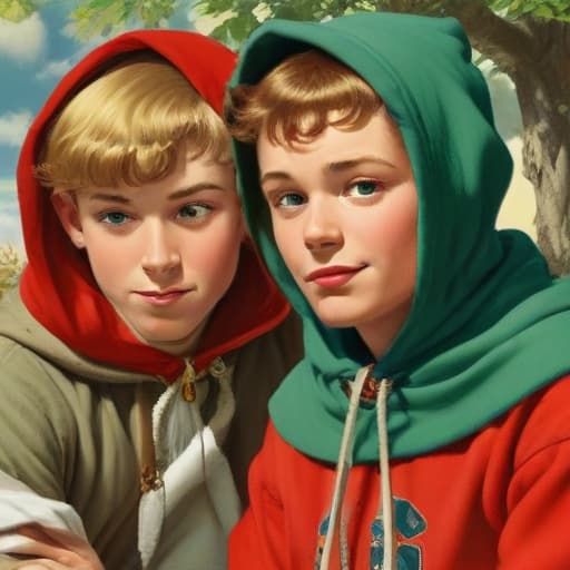 Red riding hood, Robin Hood and twink in a hoodie, cartoon, full of colour, disney, sharp focus, illustration, 50's cartoons, norman rockwell