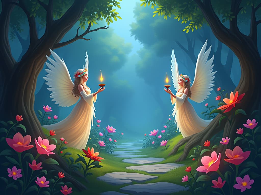  ethereal garden with guardian spirits, glowing flora, atmosphere of reverence, sacred and serene. the style is digital art illustration,highly detailed, whimsical,magical, dreamlike atmosphere, realism and fantasy blend, smooth, glossy textures,luminous quality, wonder and enchantment.