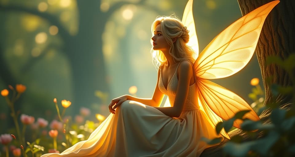  a wise and radiant fairy, shrouded in light, sitting in a celestial garden. her confident expression showing deep knowledge. serene, enlightened, ethereal wisdom.. the style is digital art illustration,highly detailed, whimsical,magical, dreamlike atmosphere, realism and fantasy blend, smooth, glossy textures,luminous quality, wonder and enchantment.