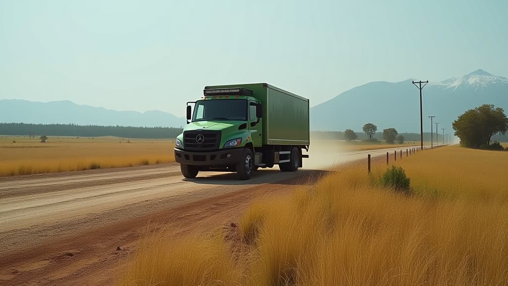  a green truck on a dirt road