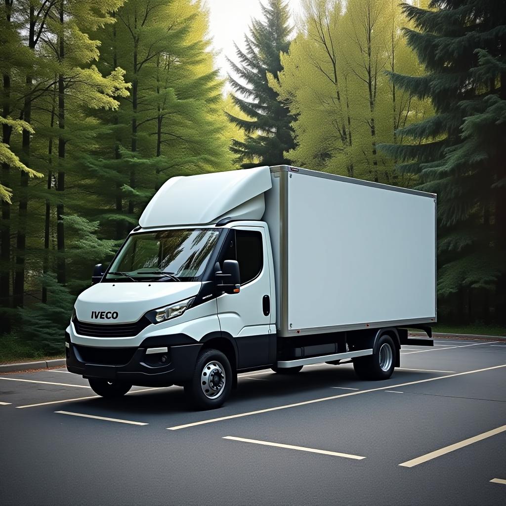  a white iveco van is parked in the forest parking lot, loaded at the warehouse.