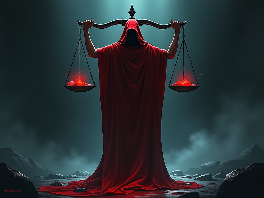  figure in red, standing in front of scales, one side heavy with glowing stones, weight of moral standards, somber mood. the style is digital art illustration / modern comic book / graphic dark novel fantasy and mysterious occult, symbolic, moody lighting, esoteric vibe,high detail on character design. for the color scheme emphasize blacks and reds.