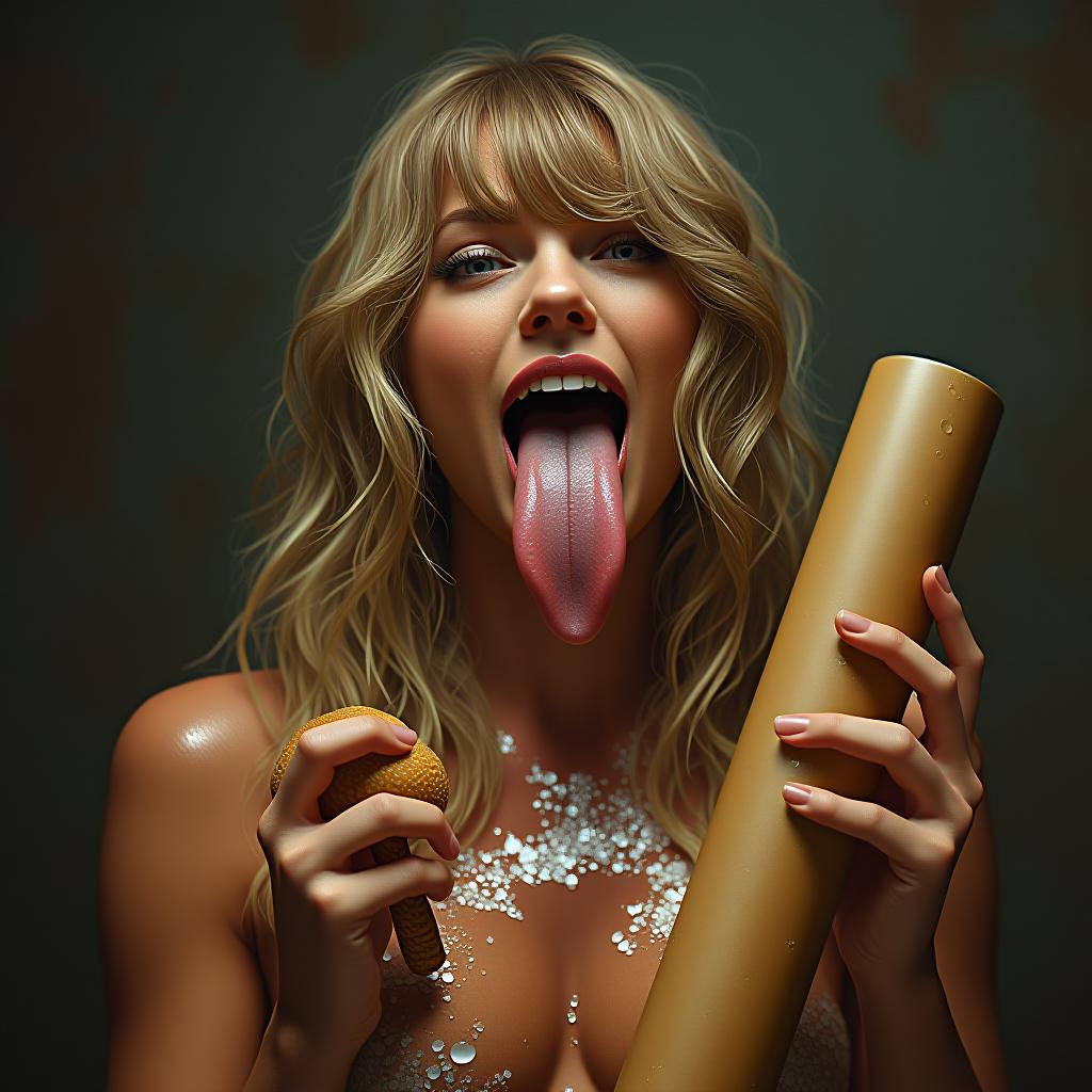  beautiful taylor swift sticking her large flat tongue fully out, covered in sweat, her hair goes down to her feet, holding a tan colored cylinder with a mushroom at the end, award winning, professional, highly detailed, masterpiece