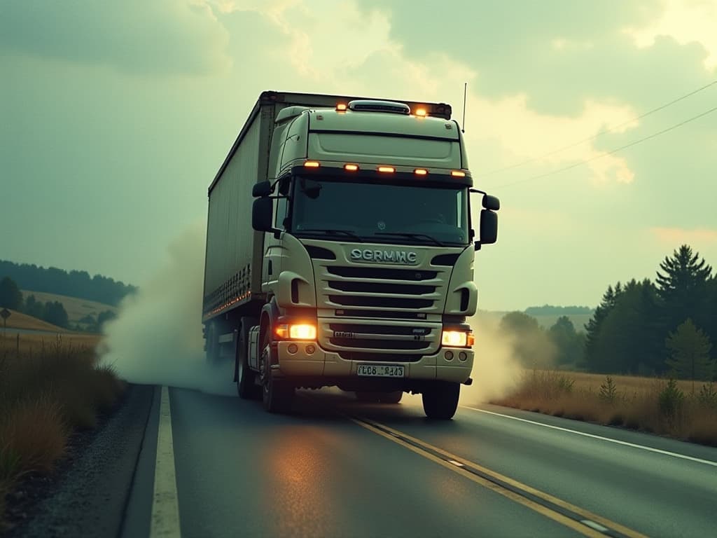  cinematic photo a view from the truck's front stack, there's a terrible, huge monster on the road . 35mm photograph, film, bokeh, professional, 4k, highly detailed