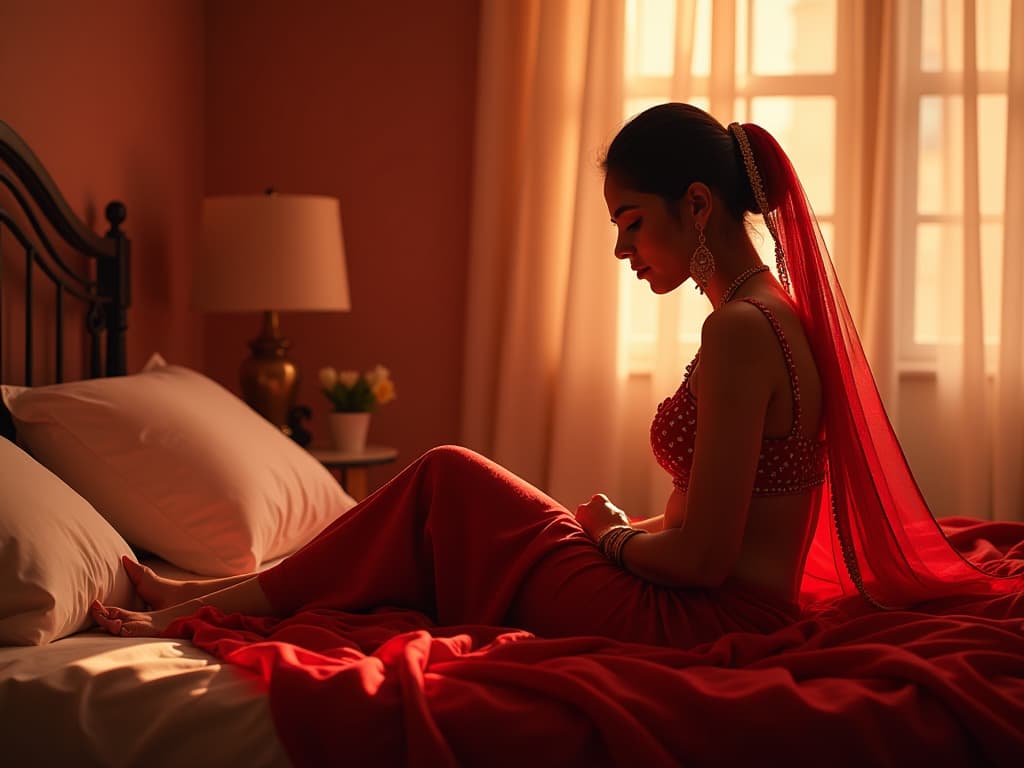  beautiful naked indian shy girl on her first wedding bed waiting for her husband, beautiful red hyperrealistic, full body, detailed clothing, highly detailed, cinematic lighting, stunningly beautiful, intricate, sharp focus, f/1. 8, 85mm, (centered image composition), (professionally color graded), ((bright soft diffused light)), volumetric fog, trending on instagram, trending on tumblr, HDR 4K, 8K