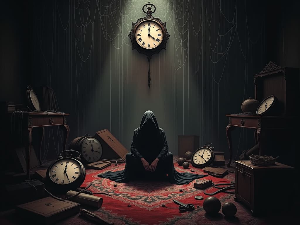  a darkened room filled with spider webs and dusty, broken clocks. a sorrowful figure sits amidst the wreckage, surrounded by shadows of regret and the weight of irreversible consequences.. the style is dark fantasy and mysterious occult, symbolic, moody lighting, esoteric vibe,high detail on character design. for the color scheme emphasize blacks and reds.