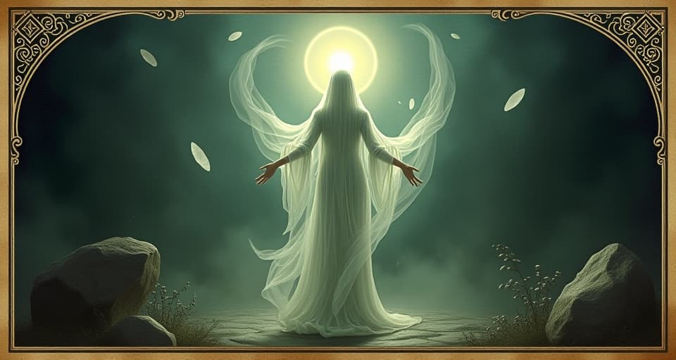  an ethereal, spectral figure, translucent and glowing, surrounded by floating, shimmering shards of light, inviolability, immortality, essence. an illustration in the style of a worn, mystical old tarot trump card, mysterious and elements of surrealism. the colors are muted, somber and eerie, but with contrast bring out an occult and esoteric vibe.