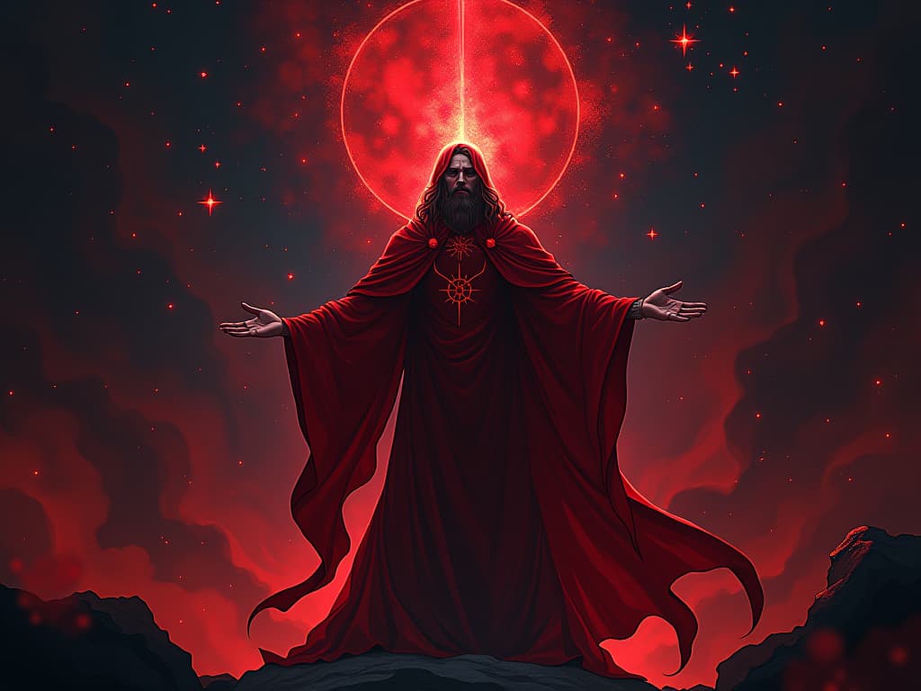  divine figure in red, standing amidst stars, arms raised, aura of chosenness and cosmic power. the style is digital art illustration / modern comic book / graphic dark novel fantasy and mysterious occult, symbolic, moody lighting, esoteric vibe,high detail on character design. for the color scheme emphasize blacks and reds.