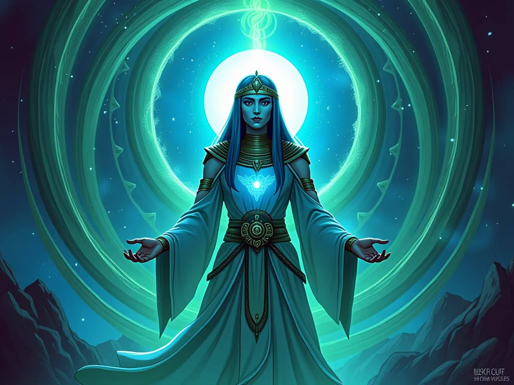  a mystic healer, surrounded by calming blue and green energies, gently soothing a chaotic vortex, blending into a harmonious balance, a scene of divine healing influence. the style is digital art illustration / modern comic book / mysterious occult, symbolic, esoteric vibe,high detail on character design, incorporating ancient egyptian symbology and attire.