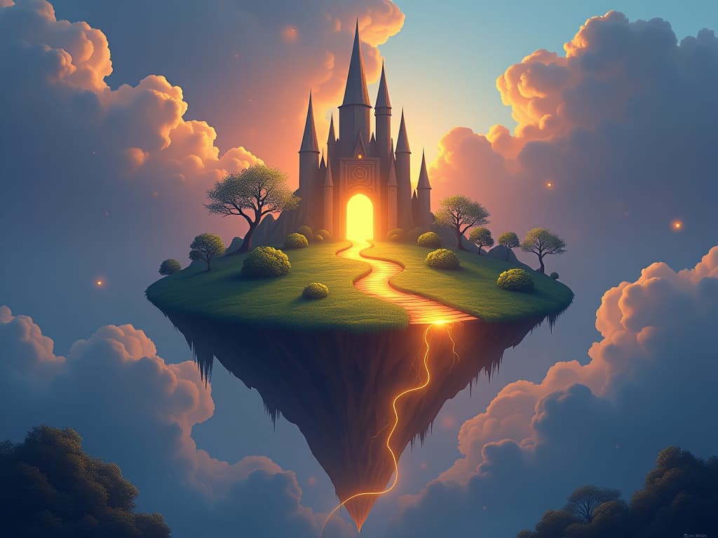  a floating island with a glowing path leading towards a radiant sanctuary, exuding ease and precision. thoughtful, navigational, ethereal.. the style is digital art illustration,highly detailed, whimsical,magical, dreamlike atmosphere, realism and fantasy blend, smooth, glossy textures,luminous quality, wonder and enchantment.