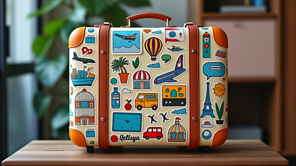  a colorful suitcase covered in travel themed stickers and decals