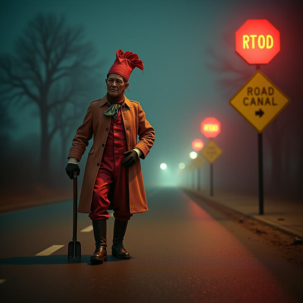  surrealist art road meat grinder, road signs, road canal . dreamlike, mysterious, provocative, symbolic, intricate, detailed hyperrealistic, full body, detailed clothing, highly detailed, cinematic lighting, stunningly beautiful, intricate, sharp focus, f/1. 8, 85mm, (centered image composition), (professionally color graded), ((bright soft diffused light)), volumetric fog, trending on instagram, trending on tumblr, HDR 4K, 8K