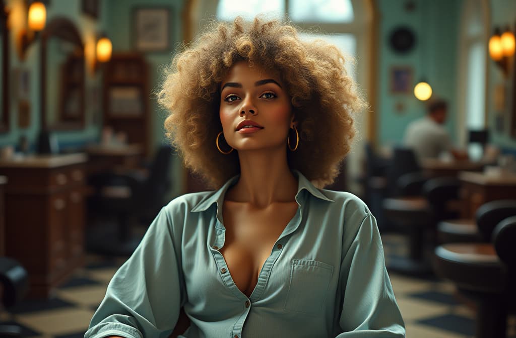  curly woman sitting in a barber chair. blurred background of a barber shop in the background. photo from the waist up. no people and shadows in the background ar 3:2 {prompt}, maximum details