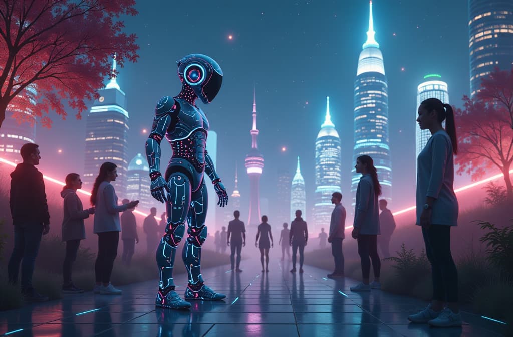  "create an imaginative scene depicting a futuristic digital landscape where a friendly humanoid chatbot interacts with diverse groups of people. the chatbot, made of glowing circuitry and intricate patterns, stands in a vibrant city filled with holographic displays and floating information panels. citizens are engaged in conversations with the chatbot, showcasing various emotions like curiosity and joy. the environment should blend advanced technology with natural elements, such as trees made of light and a skyline filled with innovative architecture, all under a starry sky with shimmering data streams flowing through the air." hyperrealistic, full body, detailed clothing, highly detailed, cinematic lighting, stunningly beautiful, intricate, sharp focus, f/1. 8, 85mm, (centered image composition), (professionally color graded), ((bright soft diffused light)), volumetric fog, trending on instagram, trending on tumblr, HDR 4K, 8K