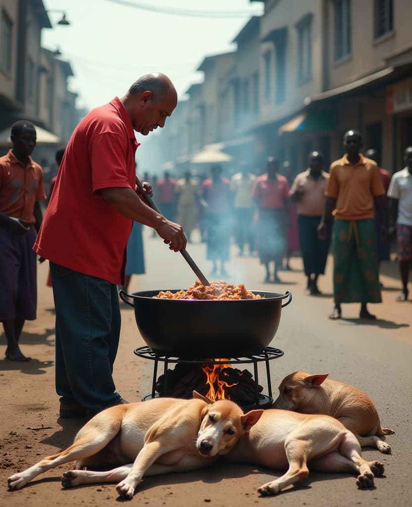  the image of a chinese man cooking in the streets of antananarivo, the capital of madagascar. he's cooking in a big pot on the street in front of astonished malagasy people. on the ground, there are corpses of dead butchered dogs and pigs, suggesting that the chinese man has cooked them. the image should be both humorous and realistic.