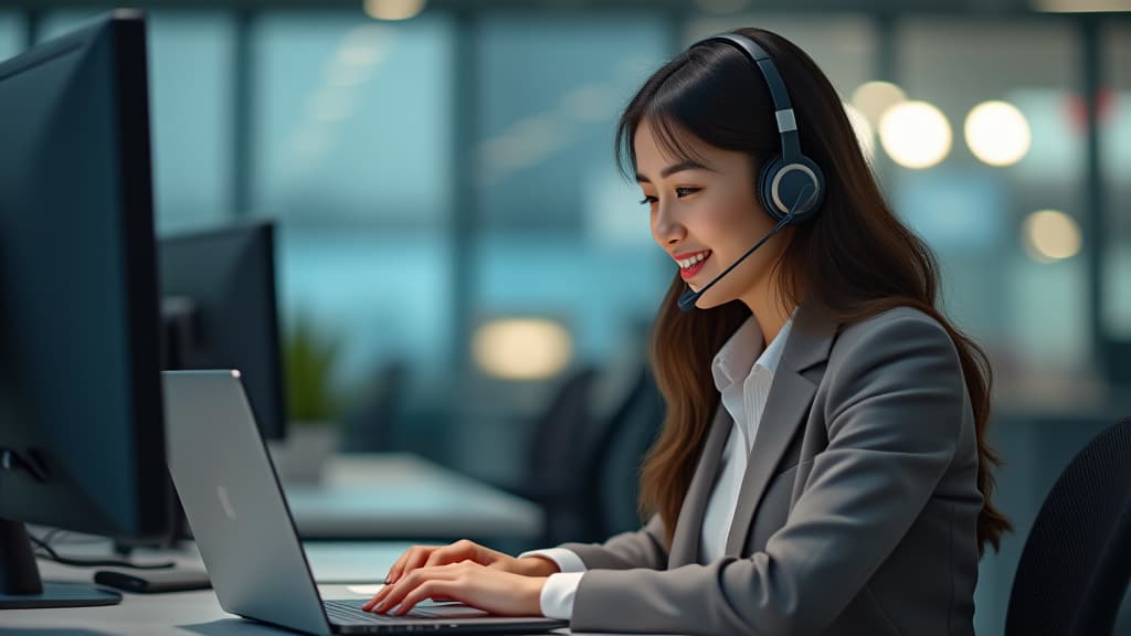  happy korean call center agent wearing headset talking to client working in customer support office. professional contract service telemarketing operator using laptop having conversation. ar 16:9 {prompt}, maximum details