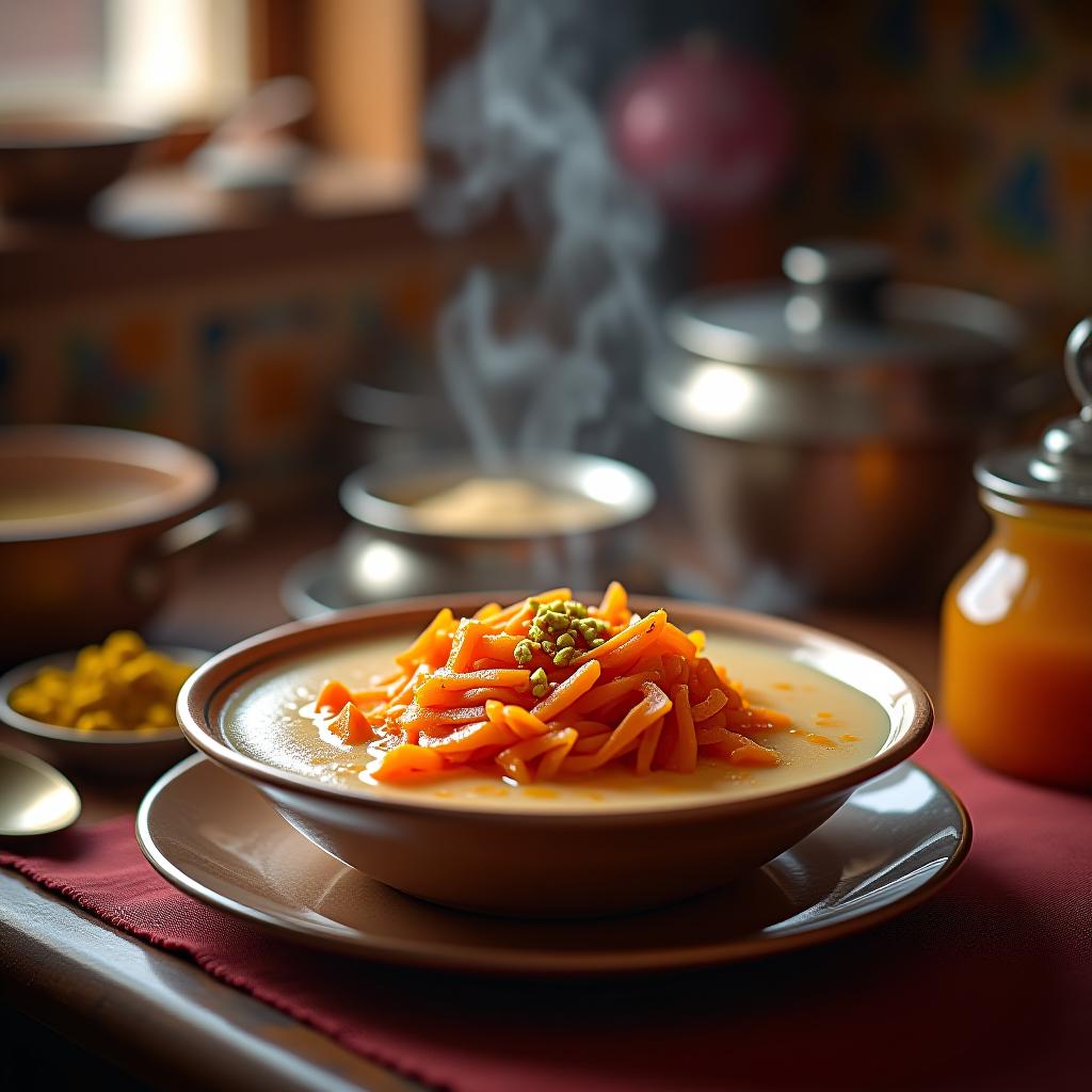  create a high quality, photorealistic image that vividly depicts the following scene: a vibrant, detailed still life of gajar ka halwa; a tempting dessert of glistening, shredded carrots simmered in sweet, creamy milk, speckled with sugar and enriched with melting ghee. steam softly rises from the irresistible dessert, creating a warm, homely ambiance. in the background, the softly blurred hues of an authentic pakistani kitchen, well used pots and pans, a shelf full of vibrant spices, and traditional patterned tiles invoking a sense of hustle and comforting familiarity. low angled lighting deepens the textures and colors, while a garnish of crushed pistachios adds a final touch of indulgence. nikon d850, f/1.4, iso 200, 1/80s, 8k, ra hyperrealistic, full body, detailed clothing, highly detailed, cinematic lighting, stunningly beautiful, intricate, sharp focus, f/1. 8, 85mm, (centered image composition), (professionally color graded), ((bright soft diffused light)), volumetric fog, trending on instagram, trending on tumblr, HDR 4K, 8K