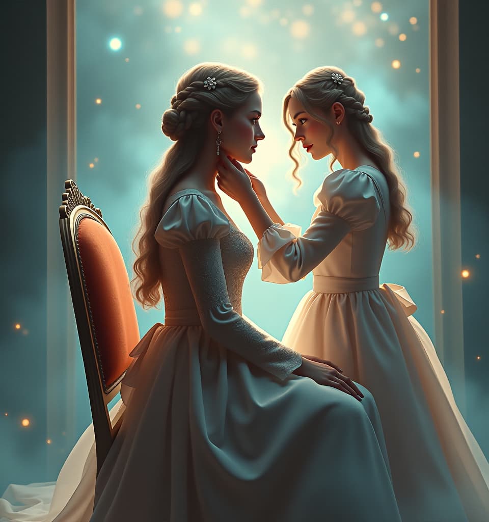  ethereal fantasy concept art of a girl is sitting on a chair and another girl is braiding her hair from behind, side view . magnificent, celestial, ethereal, painterly, epic, majestic, magical, fantasy art, cover art, dreamy hyperrealistic, full body, detailed clothing, highly detailed, cinematic lighting, stunningly beautiful, intricate, sharp focus, f/1. 8, 85mm, (centered image composition), (professionally color graded), ((bright soft diffused light)), volumetric fog, trending on instagram, trending on tumblr, HDR 4K, 8K