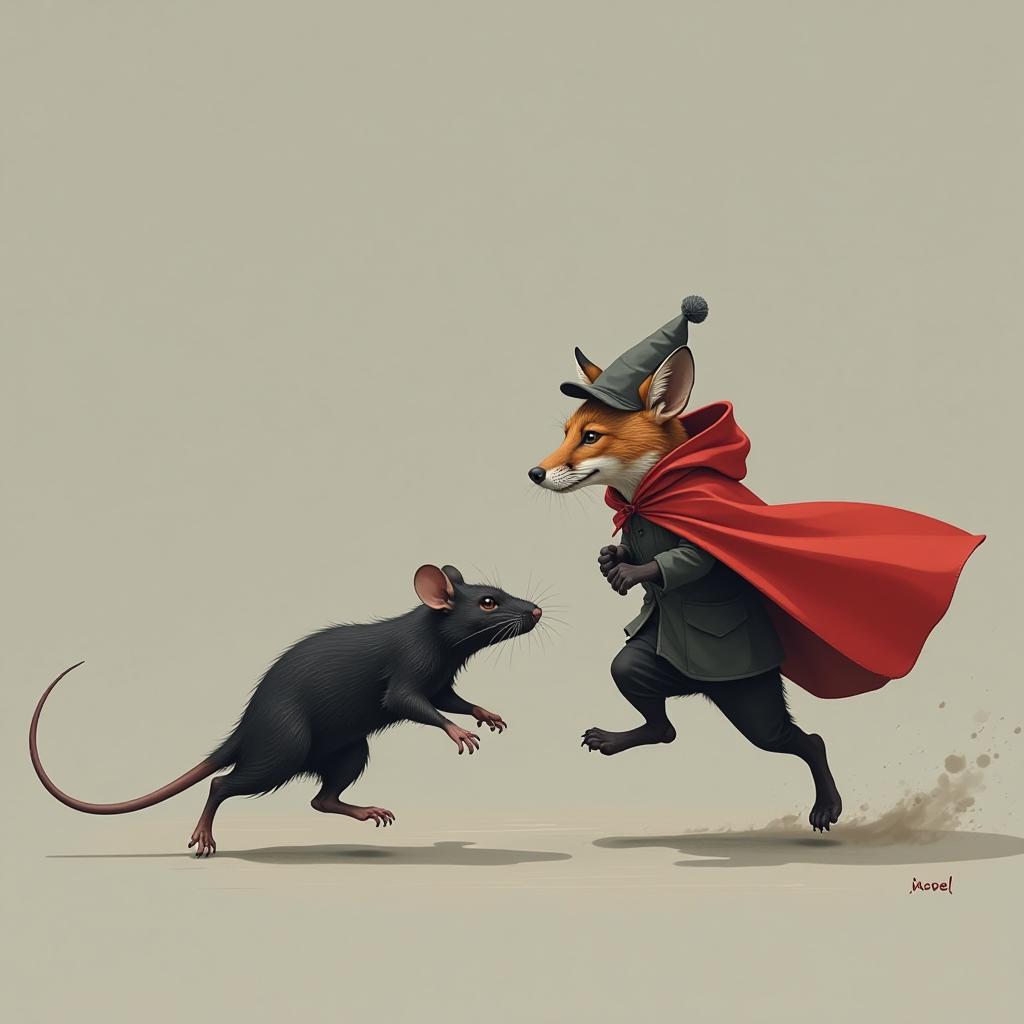  concept art gray background. vector image. a small black rat with a long thin tail in a red cape with a hood quickly escapes. a red fox in a grey cap chases a rat. . digital artwork, illustrative, painterly, matte painting, highly detailed