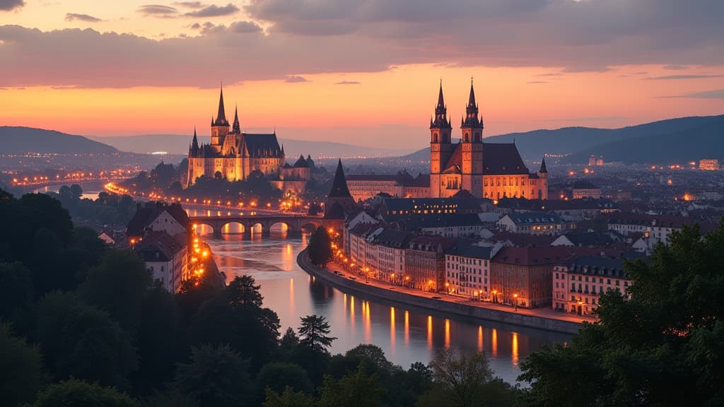  create a visually striking image showcasing the cityscape of landshut, germany, with a focus on heating oil prices. the composition should feature a detailed city skyline of landshut, emphasizing iconic landmarks like st. martin's church or trausnitz castle illuminated by warm, golden hour light. integrate elements representing heating oil, such as glowing oil barrels or a digital price display showing 93.33 euros for 100 liters. include a visual representation of the bavarian flag to symbolize