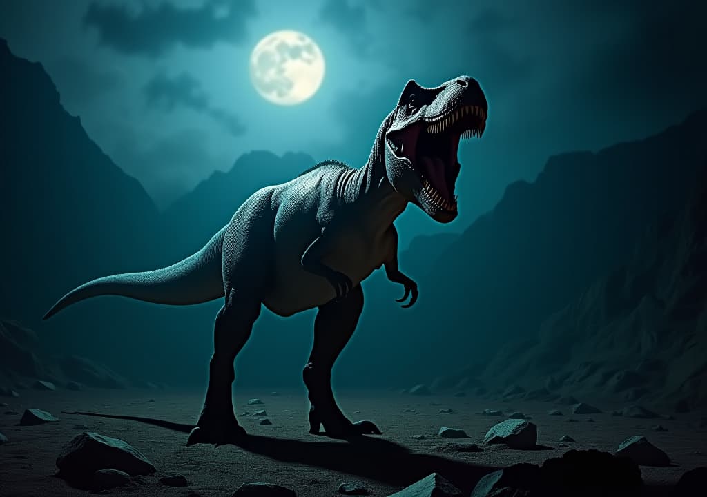  dramatic scene of a tyrannosaurus rex roaring during nighttime