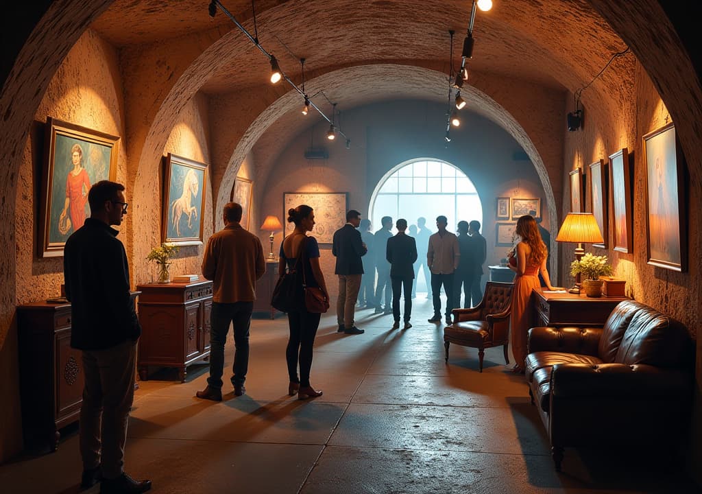  an artistic scene inside the vog vault, showcasing the unique transformation of a former bank vault into a vibrant gallery space, filled with colorful artwork, vintage furniture, and attendees engaging with local artists during an exhibition opening, creating an atmosphere of creativity and community. hyperrealistic, full body, detailed clothing, highly detailed, cinematic lighting, stunningly beautiful, intricate, sharp focus, f/1. 8, 85mm, (centered image composition), (professionally color graded), ((bright soft diffused light)), volumetric fog, trending on instagram, trending on tumblr, HDR 4K, 8K