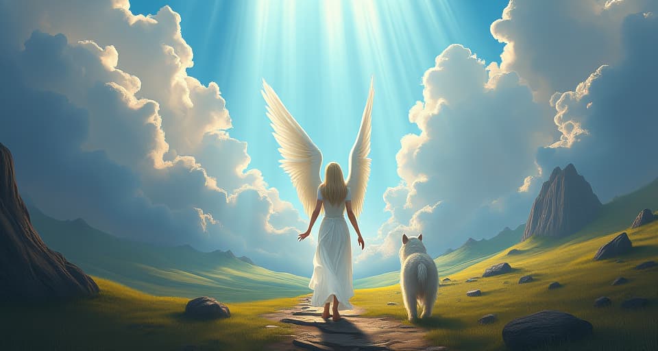  ethereal landscape with beams of divine light breaking through clouds, illuminating a path where a majestic angel walks alongside a mythical creature.. the style is digital art illustration,highly detailed, whimsical,magical, dreamlike atmosphere, realism and fantasy blend, smooth, glossy textures,luminous quality, wonder and enchantment.