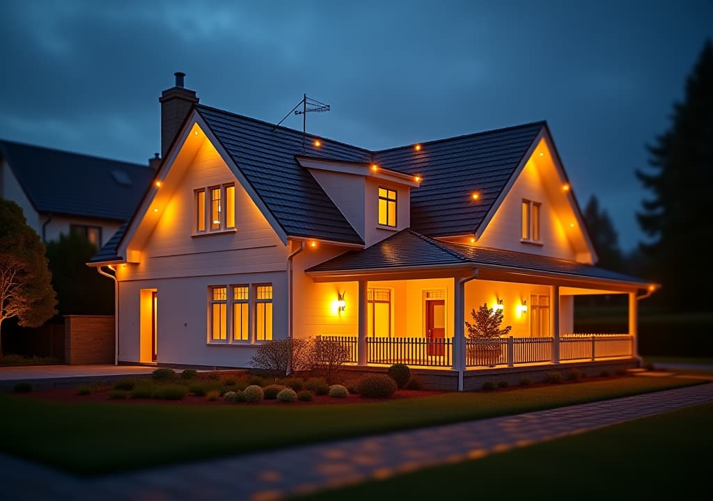  traditional house model illuminated by a network of lights, showcasing connectivity in residential design.