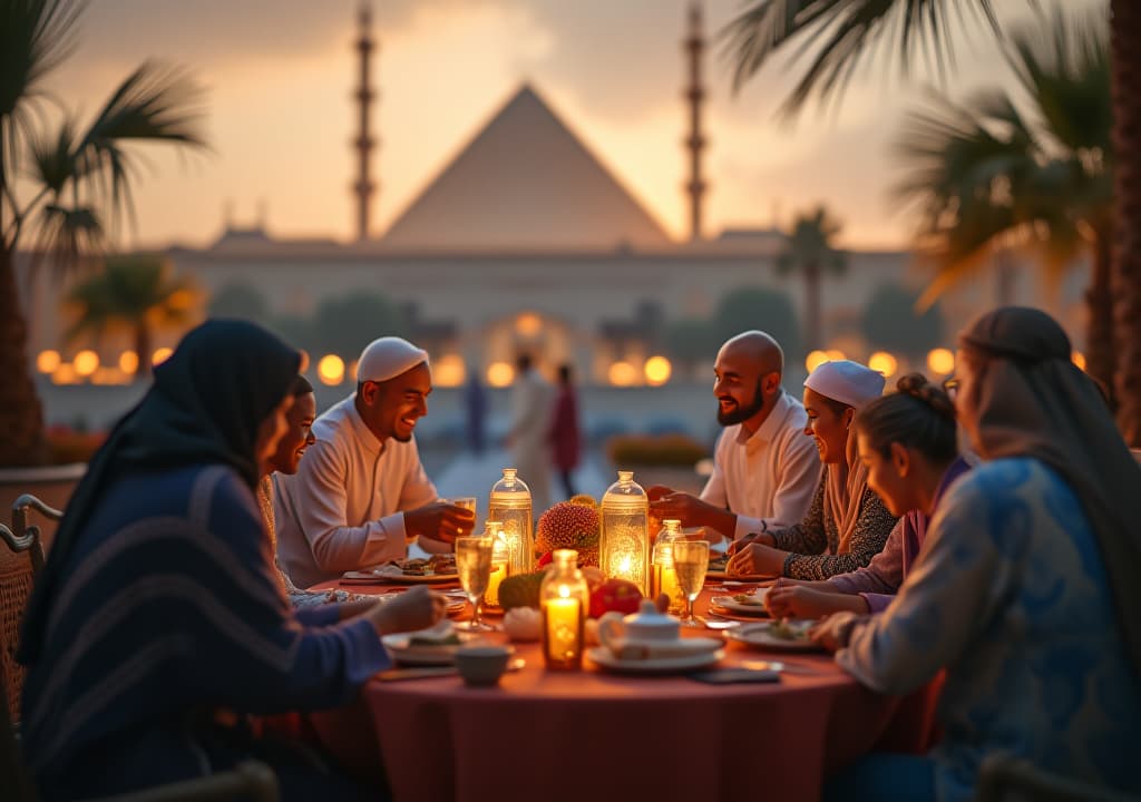  a family gathering in an outdoor sitting , family setting up tables, carrying plates with joy, for iftar of ramadan in an enchanting family joyful atmosphere with egypt landmark in the background, high quality, high details, hd, perfect composition, 4k epic detailed, highly detailed, sharp focus, high resolution